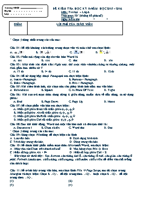 Đề kiểm tra học kì II Tin học 6 (Có đáp án) - Năm học 2015-2016
